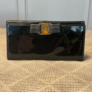 Salvatore Ferragamo Black Patent Leather Clutch with Gold Accent